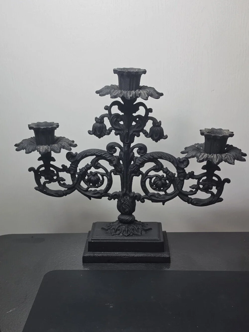 Ornate Black Metal 3-Arm Candelabra Candle Holder